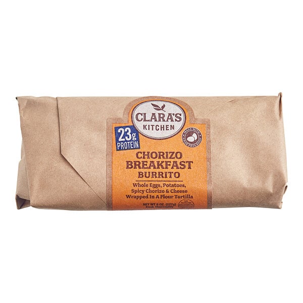 A package of 12 Clara's Kitchen Chorizo Breakfast Burritos.