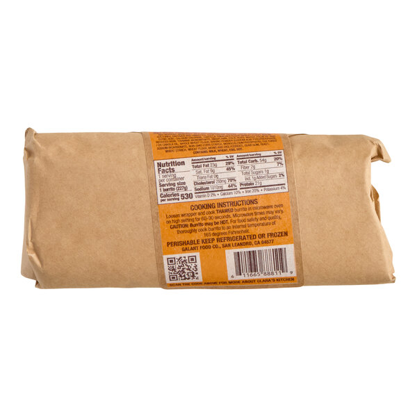 A wrapped 8 oz. Clara's Kitchen Chorizo Breakfast Burrito with a nutrition label and cooking instructions visible on the packaging.