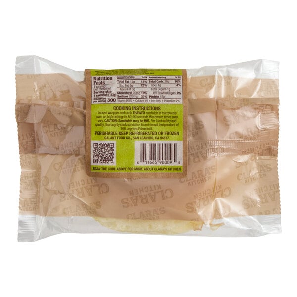 A packaged Clara's Kitchen pesto and provolone breakfast sandwich.