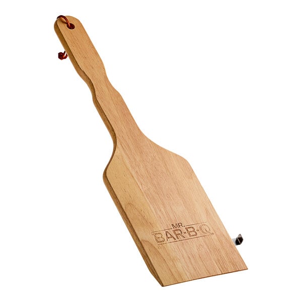 A wooden Mr. Bar-B-Q grill scraper with a handle.