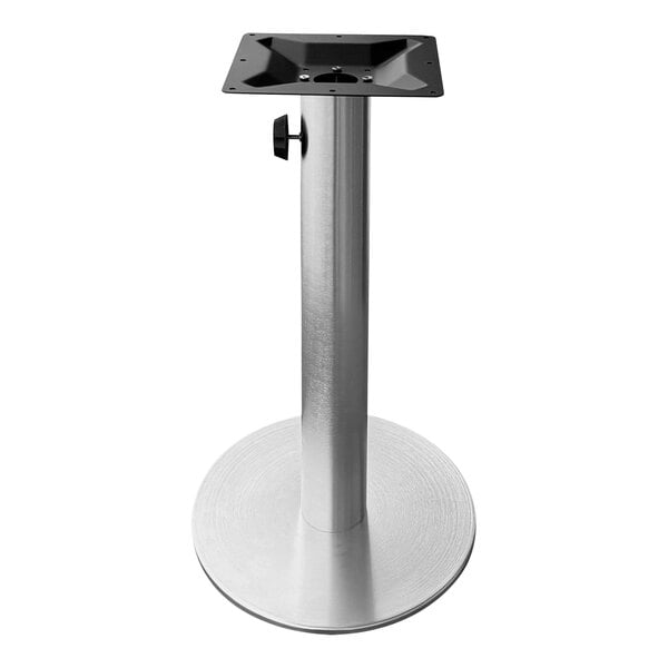 A silver and black metal Holland Bar Stool table base with a metal pole on a white surface.