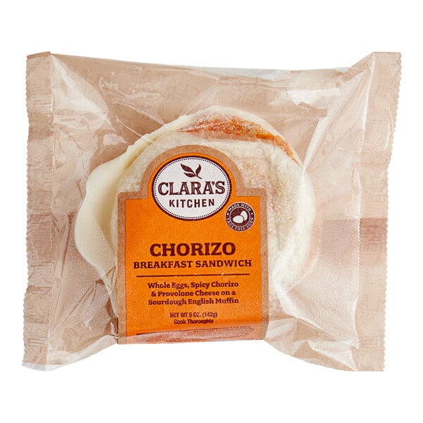 A package of Clara's Kitchen chorizo breakfast sandwiches.