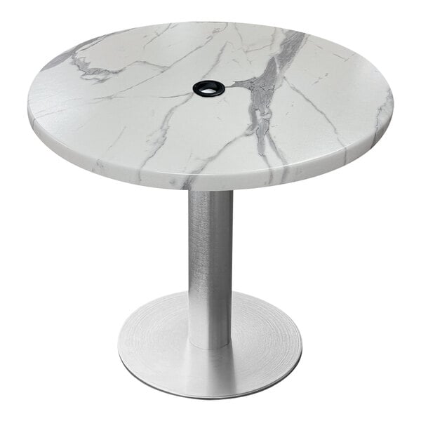 A round white marble Holland Bar Stool table with a brushed aluminum base.