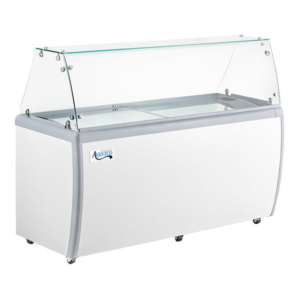 An Avantco white and silver refrigerated ice cream display case with a glass top.