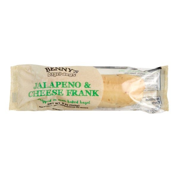 A packaged jalapeno and cheese frank wrapped in a bagel from Benny's Bagel Dogs.