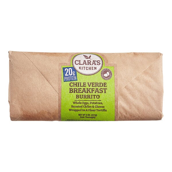 A package of Clara's Kitchen Chile Verde Breakfast Burritos on a white background.