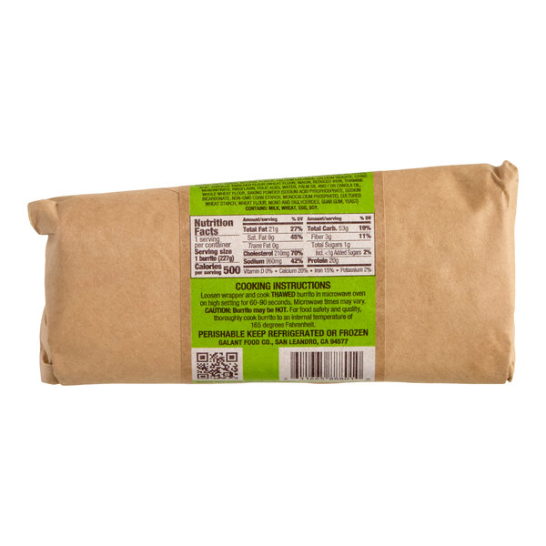 A wrapped Clara's Kitchen Chile Verde Breakfast Burrito with a nutrition label and cooking instructions visible on the packaging.