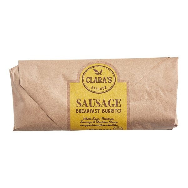 A package of Clara's Kitchen Sausage Breakfast Burritos.