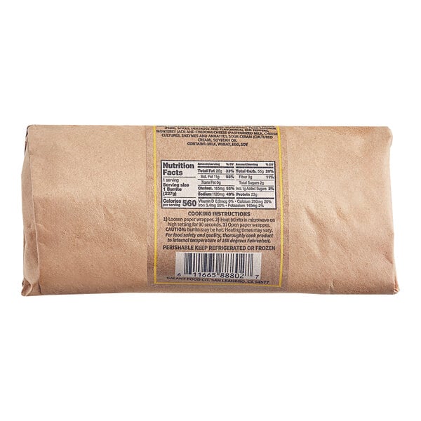 A brown package of Clara's Kitchen Sausage Breakfast Burritos with a label.