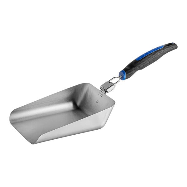 A stainless steel Mr. Bar-B-Q Razor Griddle Super Scooper with a blue handle.