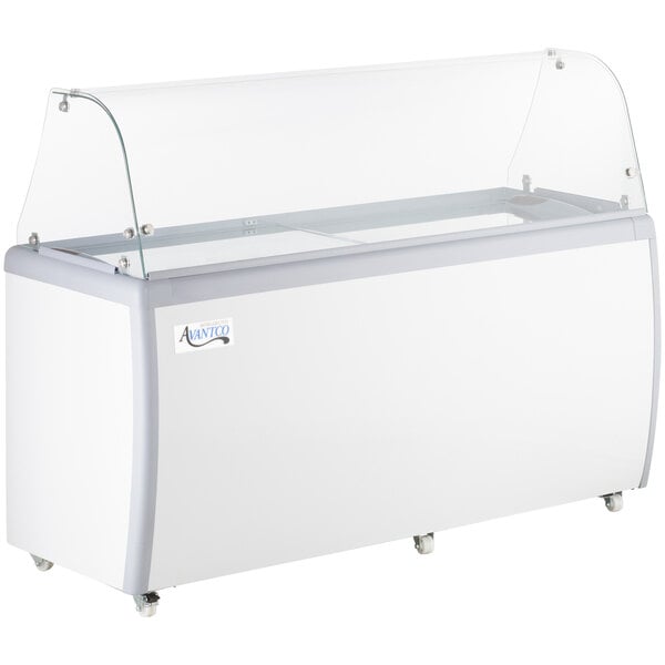 An Avantco ice cream dipping cabinet with a clear glass top.