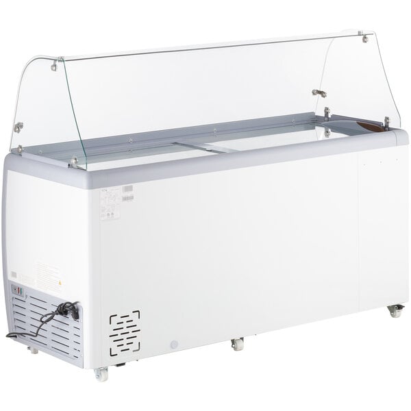 An Avantco white ice cream dipping cabinet with a clear glass top.