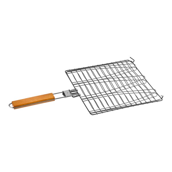 A metal Mr. Bar-B-Q fish grill with a wooden handle.