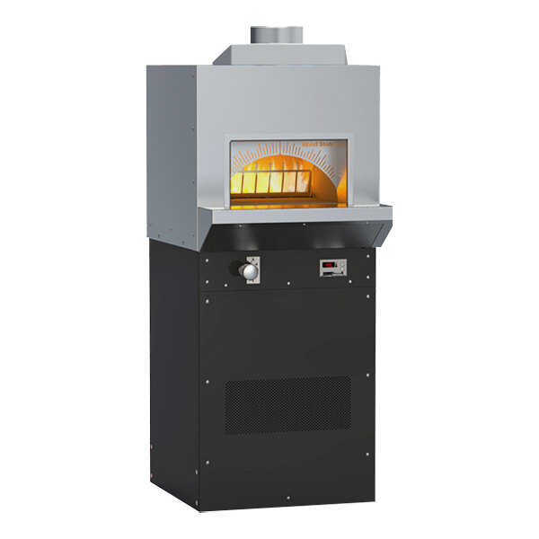 A black and silver Wood Stone Bistro natural gas stone hearth oven with a fire inside.