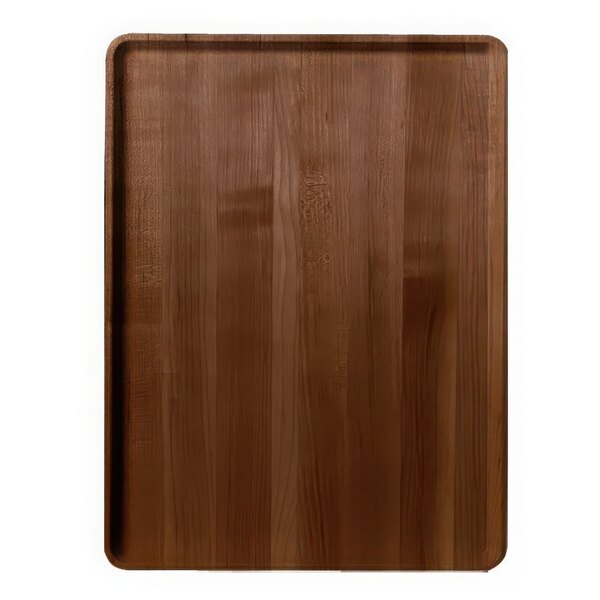 A Cambro Burma Teak faux-wood tray with a wood panel surface.