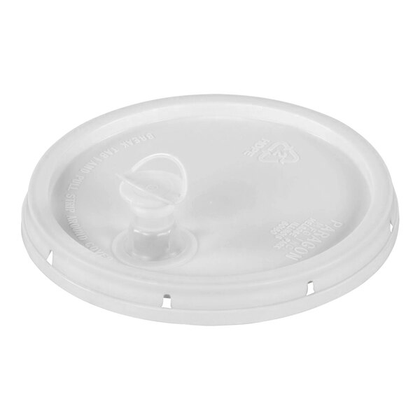 A white plastic Vestil tear tab lid with a spout.
