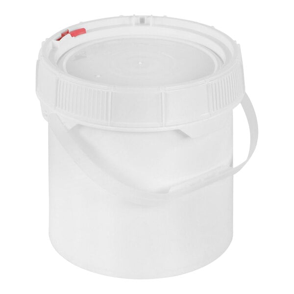 A white plastic bucket with a red handle and lid.