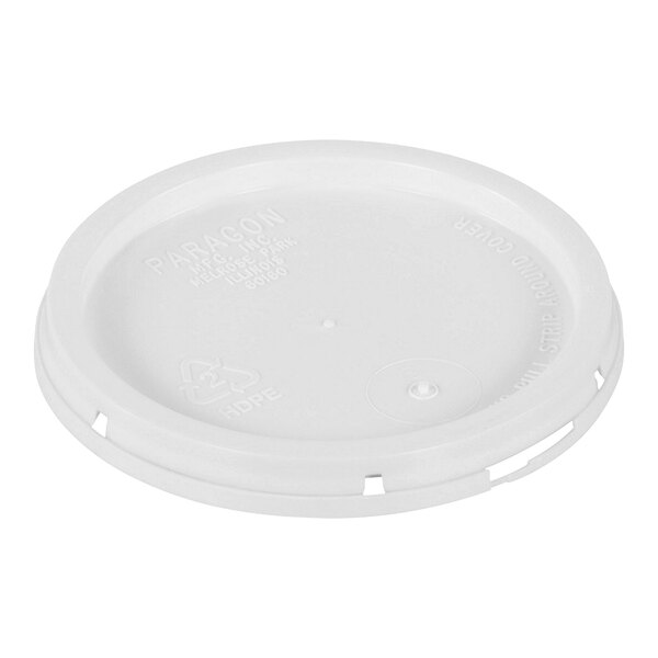 A white plastic lid with a tear tab on top.