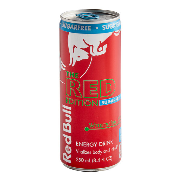 A Red Bull Sugar-Free Watermelon energy drink can with a red bull logo.