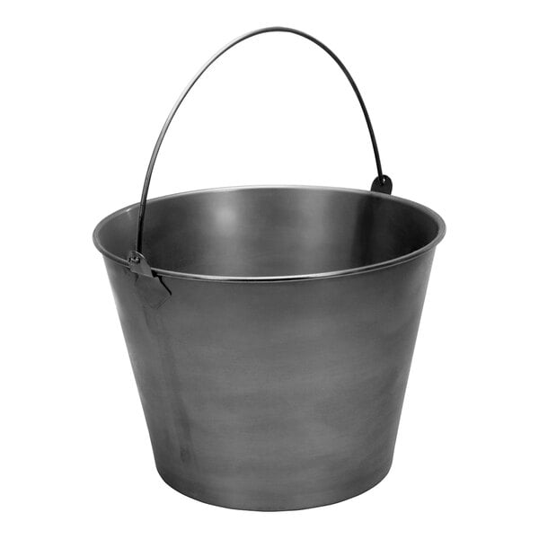 A Vestil stainless steel bucket with a handle.