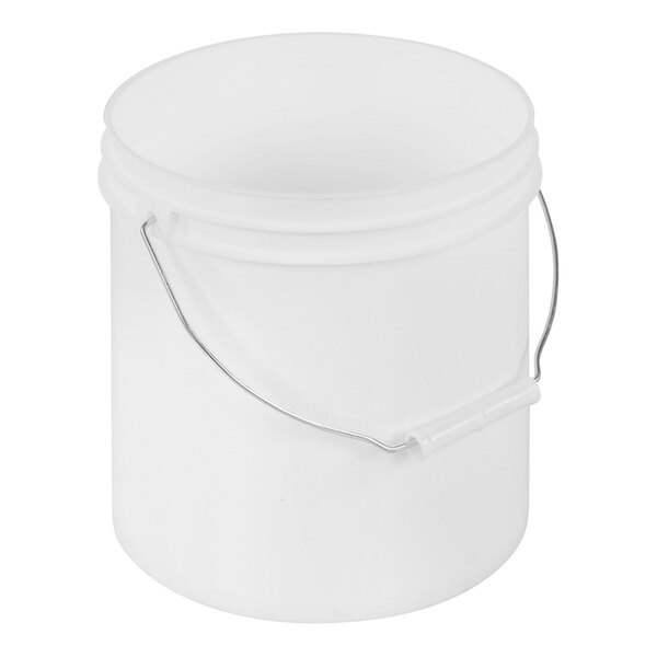 A white Vestil open-head pail with a steel handle.