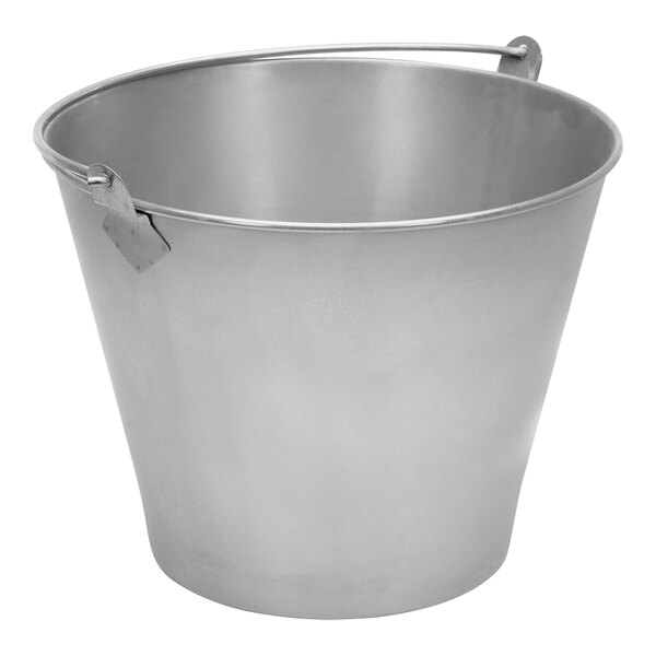 A silver stainless steel bucket with a handle.