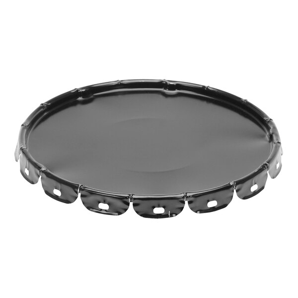 A black steel lid with holes for a round pail.