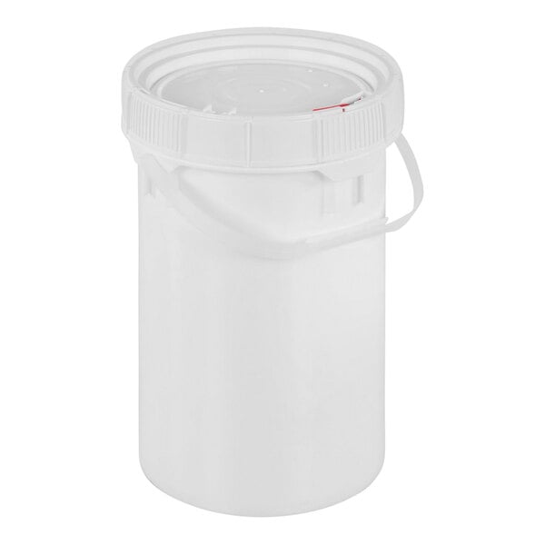 A white plastic container with a screw top lid and a handle.