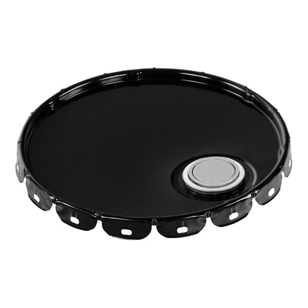 A black steel round lid with a silver ring.