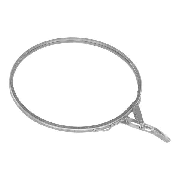 A silver circular metal frame with a clip.