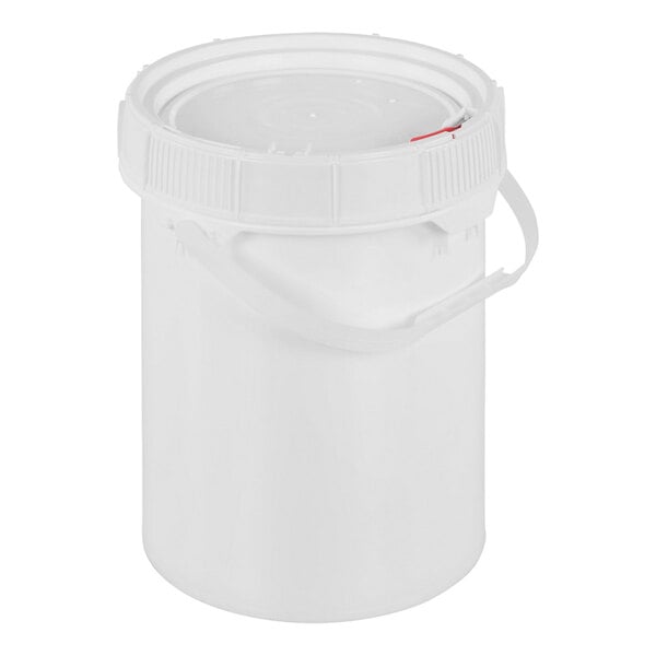 A white Vestil HDPE plastic bucket with a screw top lid.