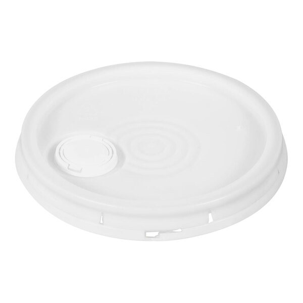 A white plastic Vestil lid with a round hole