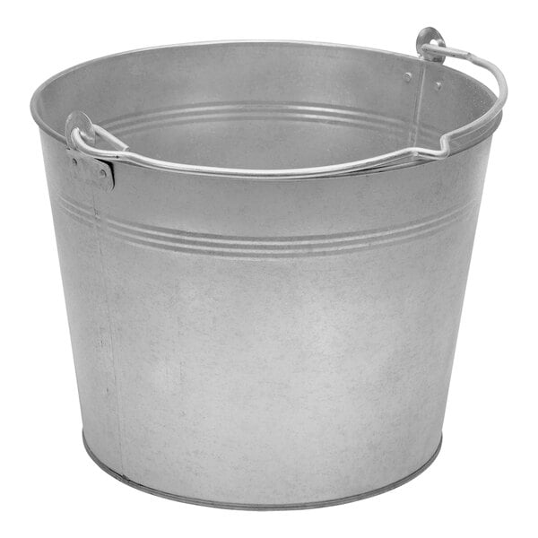 A Vestil galvanized steel bucket with a handle.