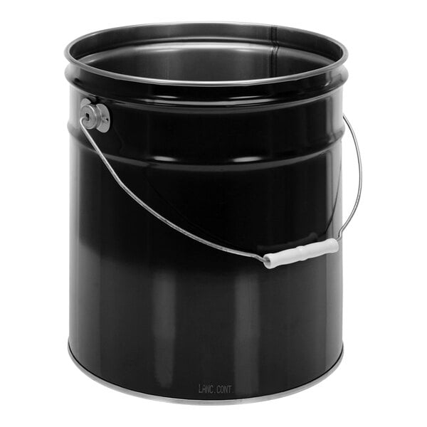 A black steel pail with a handle.