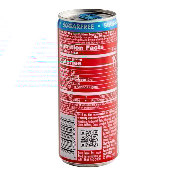 A close-up of a red and white Red Bull Sugar-Free Watermelon Energy Drink can.