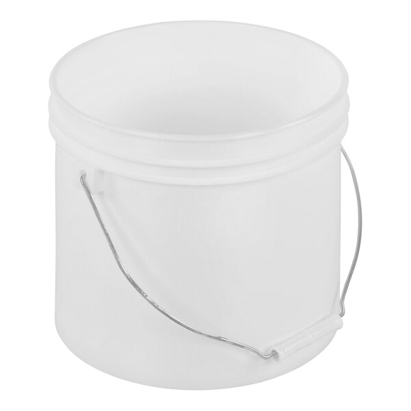 A Vestil white HDPE pail with a steel handle.