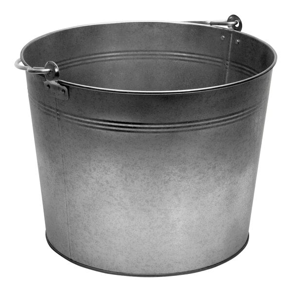 A Vestil galvanized steel bucket with a handle.