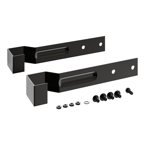 Two Steelton black metal speed rail brackets with screws and nuts on a table.