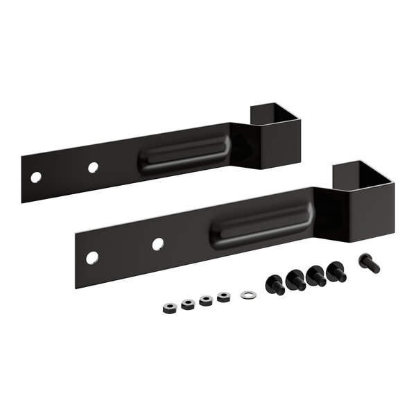 Two Steelton black metal Speed Rail hangers with screws and nuts on a table.