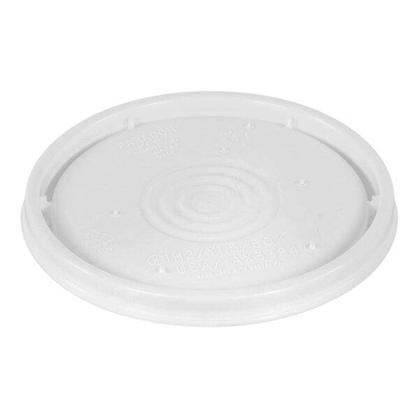 A close up of a white Vestil plastic lid with a circular pattern.