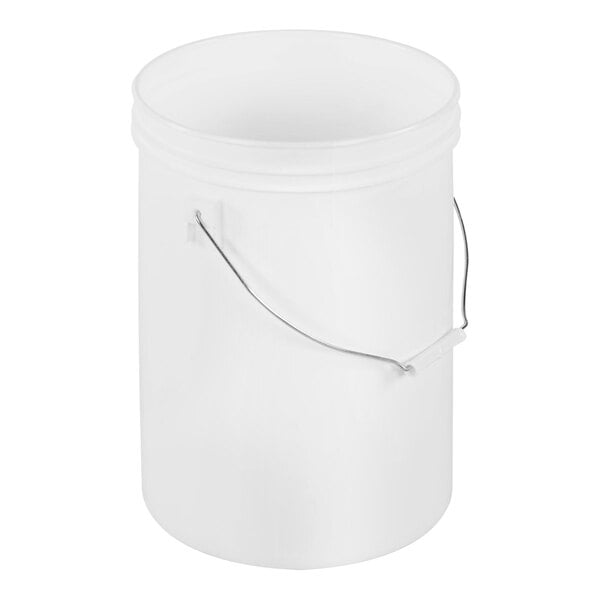 A white plastic bucket with a steel handle.