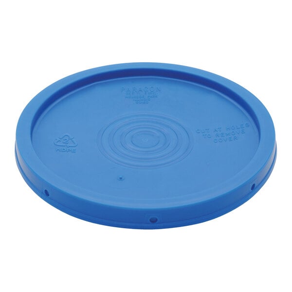 A blue plastic Vestil lid with a circular pattern.