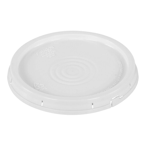 A close-up of a white Vestil plastic lid with a circular tear tab.