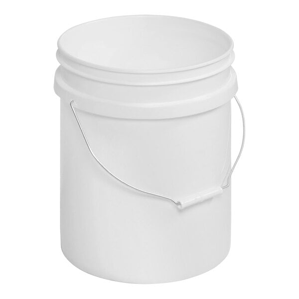 A Vestil white HDPE bucket with a steel handle.