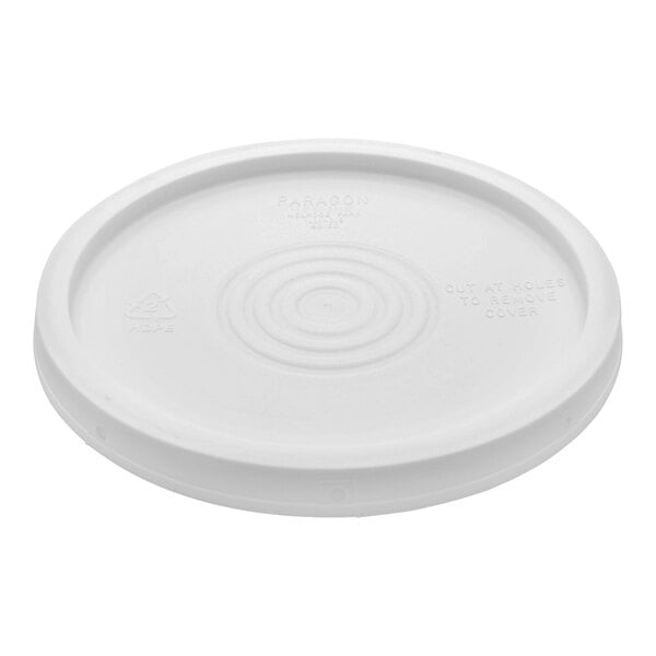 A white plastic Vestil lid with a circular pattern.