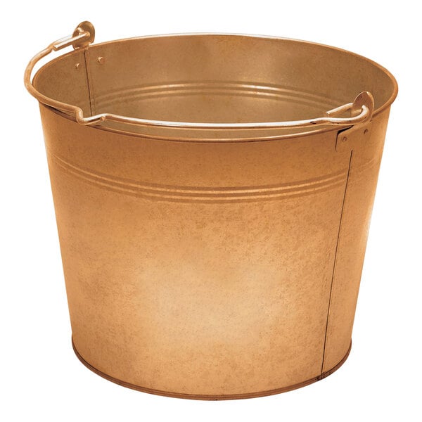 A bronze aluminum pail with handles.