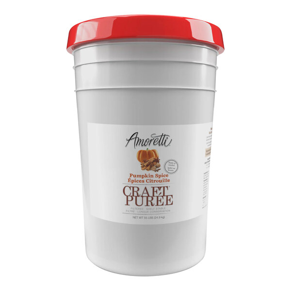 A white bucket of Amoretti Pumpkin Spice Craft Puree with a red and white label.