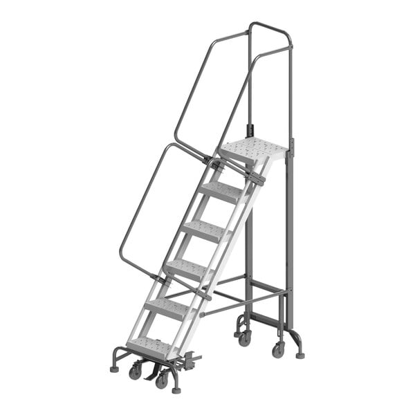 A Ballymore gray steel rolling safety ladder with wide steps and a wide base.