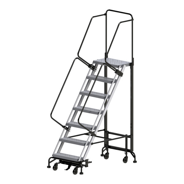 A Ballymore gray steel rolling ladder with black wheels and handles.