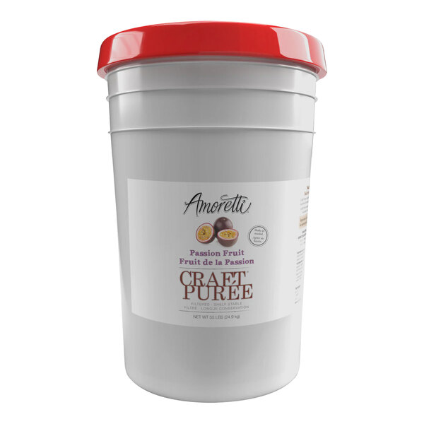 An Amoretti white bucket of Passion Fruit Craft Puree with a red lid and label.